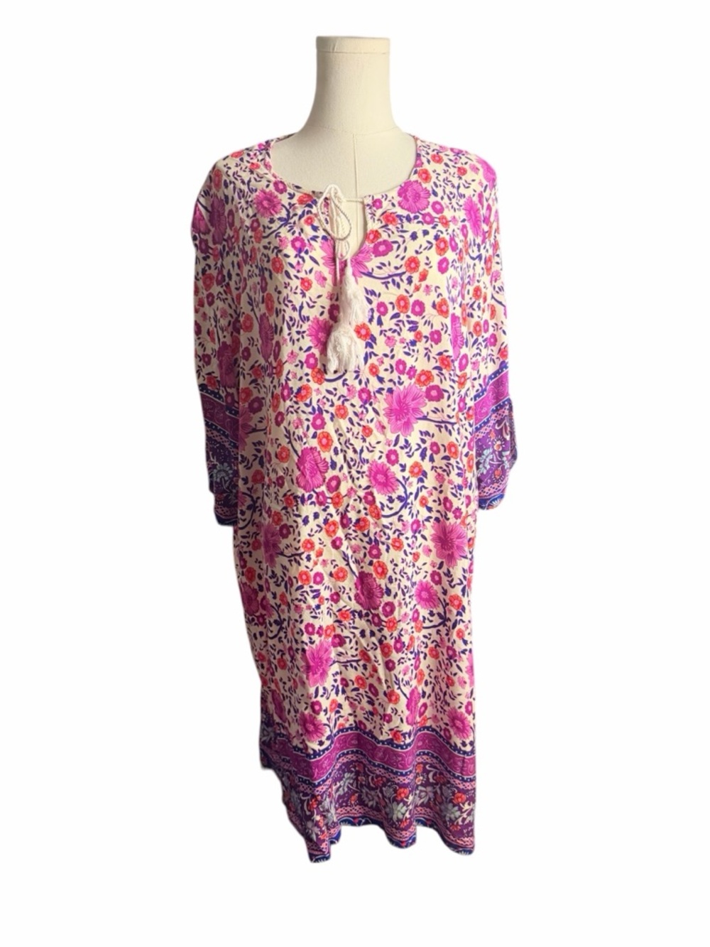 Halife 2X Boho Floral Border Print Tassel Tie Shift Dress Pink Purple Plus Size